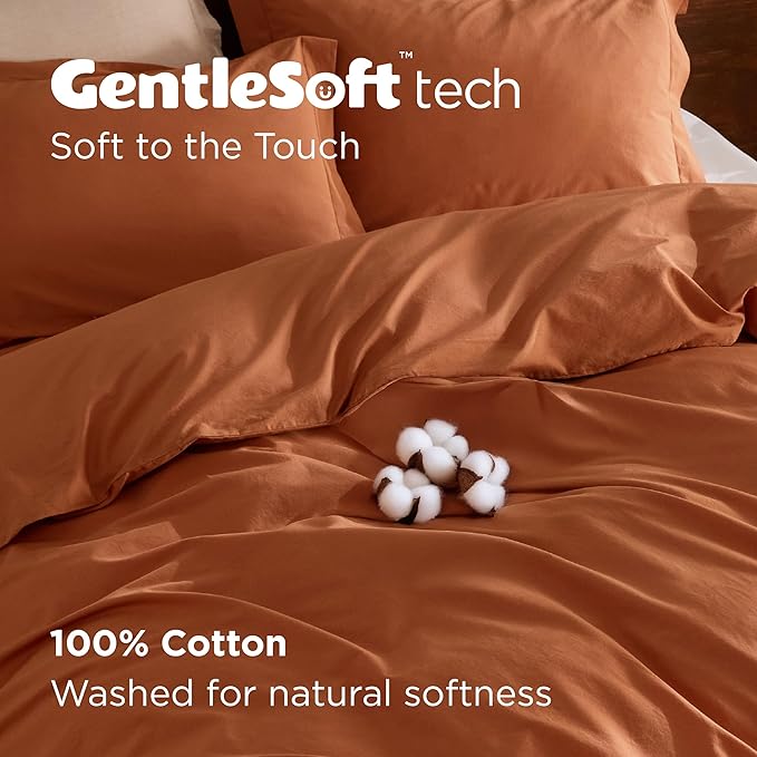 Bedsure 100% Washed Cotton Duvet Cover King Size - Burnt Orange Minimalist Cotton Duvet Cover Linen Like for All Seasons - GentleSoft™ Plain Simple Bedding (Burnt Orange, King, 104"x90")