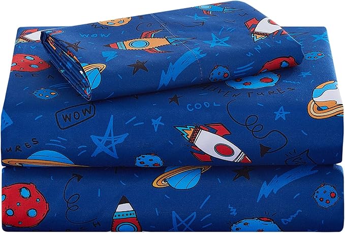 Kids Sheet Set Twin Size, Twin Sheet Set with Space Universe Pattern，Breathable Silky Soft Microfiber Kids Fitted Sheet