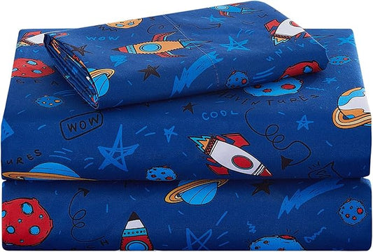 Kids Sheet Set Twin Size, Twin Sheet Set with Space Universe Pattern，Breathable Silky Soft Microfiber Kids Fitted Sheet