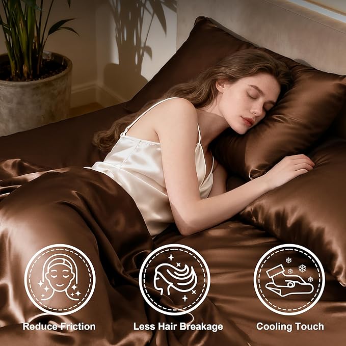 Love's cabin Satin King Sheet Sets - 4 Piece Brown Silky Sheets King Size Bed with Deep Pocket, Luxury Silk Feel King Size Satin Sheet Set (1 Flat Sheet,1 Fitted Sheet,2 Pillow Cases)