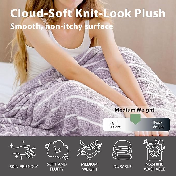 DEZ FURNISHINGS Oversized Cozy Knit Look Cloud-Soft Plush Printed Fleece Throw Blanket, Lightweight & Breathable, Queen (90" x 90"), Gray Purple Stripe