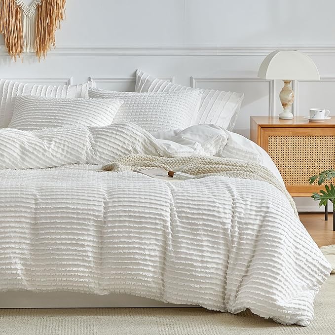 WARMDERN Boho Duvet Cover Set King Size,White Striped Duvet Cover Microfiber Bedding Set,3PCS Ultra Soft Breathable Lightweight Tuft Texture Pattern Duvet Covers with Zipper Closure(White,King)