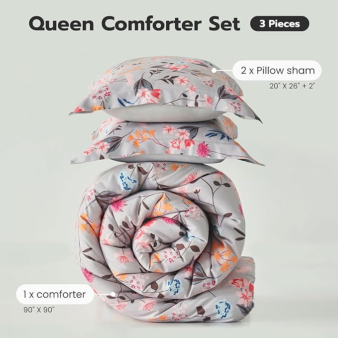 Joiedomi King Size Comforter Set Light Grey, 3 Pieces Floral King Bedding Set with 1 Soft Reversible Flower Comforter and 2 Pillow Shams, Bed in a Bag for All Seasons
