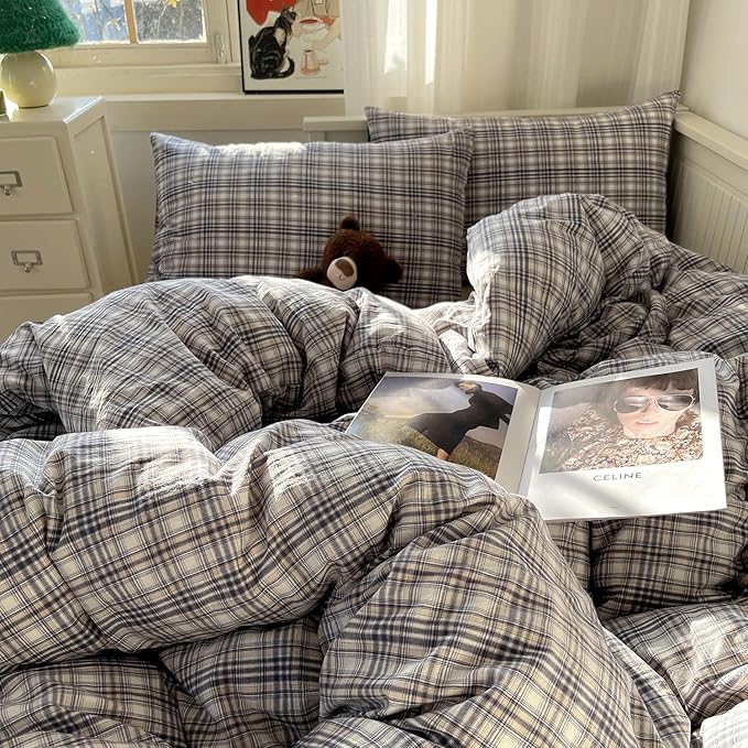 mixinni Twin Duvet Cover Set - 3 Piece Vintage Buffalo Plaid Bedding, 100% Washed Cotton Duvet Cover with 2 Pillowcases, Soft & Breathable Navy Beige White Geometric Grid Pattern for All Seasons