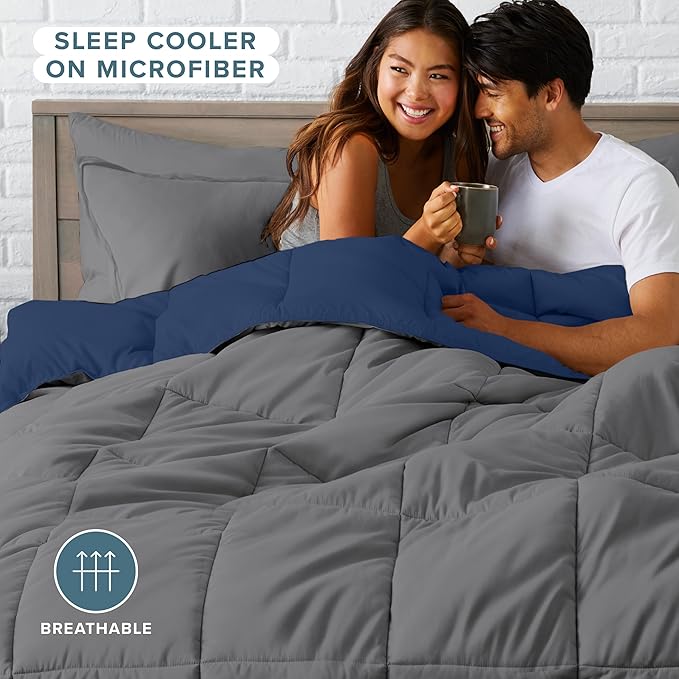 Bare Home Reversible Bed-in-A-Bag Comforter & Sheet Set - Full - Down Alternative - Soft - Bedding Set (Full, Dark Blue/Grey, Grey)