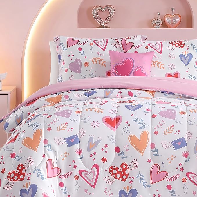 Kids Comforter Set Full Size for Girls, Heart Bedding Set 1 Comforter, 1 Decor Pillow, 2 Pillow Shams