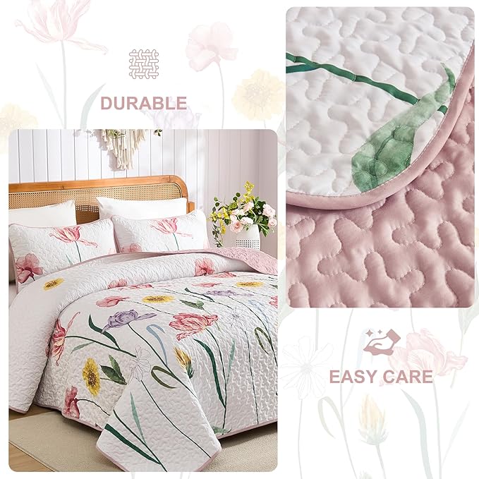 WONGS BEDDING Pink Quilt Set Queen,3 Pieces Colorful Delicate Floral Bedspread Set, Soft Lightweight Reversible Bedding Coverlet with 2 Pillowcases(96"x90")