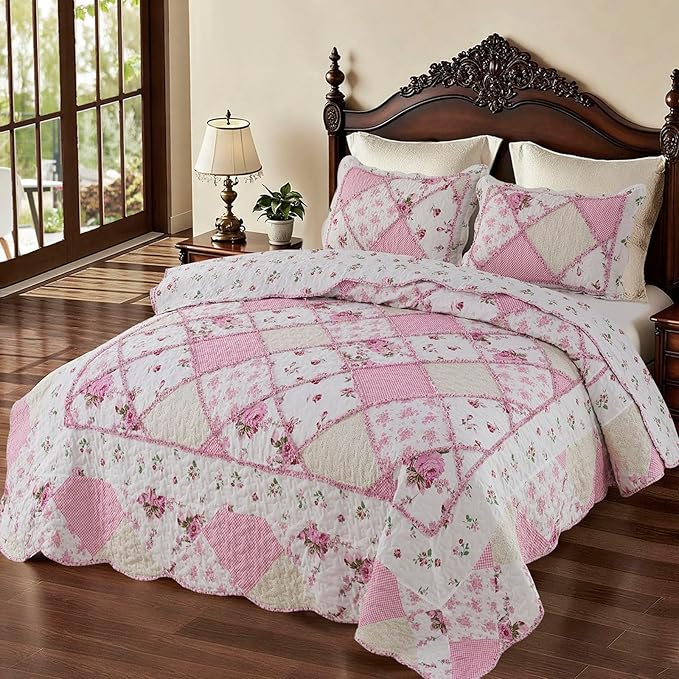 VIVILINEN Pink Patchwork Quilt Set Queen Size Reversible Quilted Bedspread Coverlet Set 3-Piece Floral Lightweight Comforter Stitched Bedding Set Bed Sheet Set Cover Blanket with 2 Pillow Shams | Pink Quilt Set, Patchwork Quilt Set, Reversible Bedsprea...