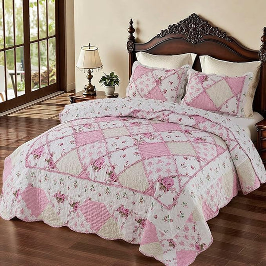Oversized King Size Pink Floral Plaid Patchwork Quilt Set 128x120 Extra Wide Super King Size Reversible Quilted Bedspread Coverlet Set 3-Piece Comforter Bedding Set Bed Cover with 2 Pillow Shams