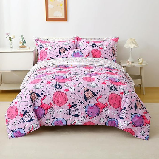 Mooreeke Kids Full Comforter Sets for Girls 8 Pieces Cute Space Cat Bedding Set for Teens Microfiber Pink Kids Bed in A Bag with Comforter, Sheet Set, Shams and Decorative Toy Pillow All Season