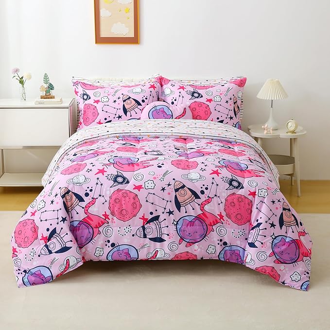 Mooreeke Kids Twin Comforter Sets for Girls 6 Pieces Cute Space Cat Bedding Set for Teens Microfiber Pink Kids Bed in A Bag with Comforter, Sheet Set, Shams and Decorative Toy Pillow All Season