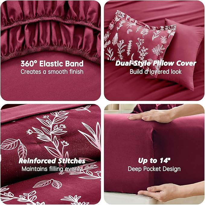 MUXHOMO Burgundy Bed in a Bag King 7 Pieces, King Comforter Set Reversible Botanical Flowers Design, Ultra Soft & Breathable Bedding Sets with Comforter, Sheets, Pillowcases & Shams