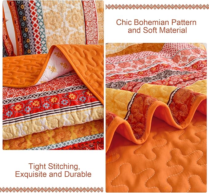 WONGS BEDDING Boho Stripe Quilt Set Queen Size, 3 Pieces Orange Bohemian Quilt Sets, Lightweight Soft Microfiber Bedspread Coverlet Bedding Set for All Season (96"x90")