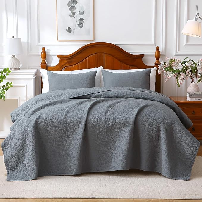 Gray 100% Cotton King Size Quilt Bedding Set, 3 Pieces Modern Style Coin Pattern Bedspread, Soft Bed 100% Cotton Batting Coverlet, All-Season Quilted Comforter Bed Cover, 1 Bedspread, 2 Pillowcases