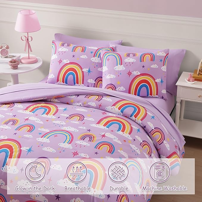 Twin Kids Comforter Set - 5 Pieces Twin Bedding Sets for Girls Teen, Glow in The Dark Purple Rainbow Bed in A Bag with Sheets