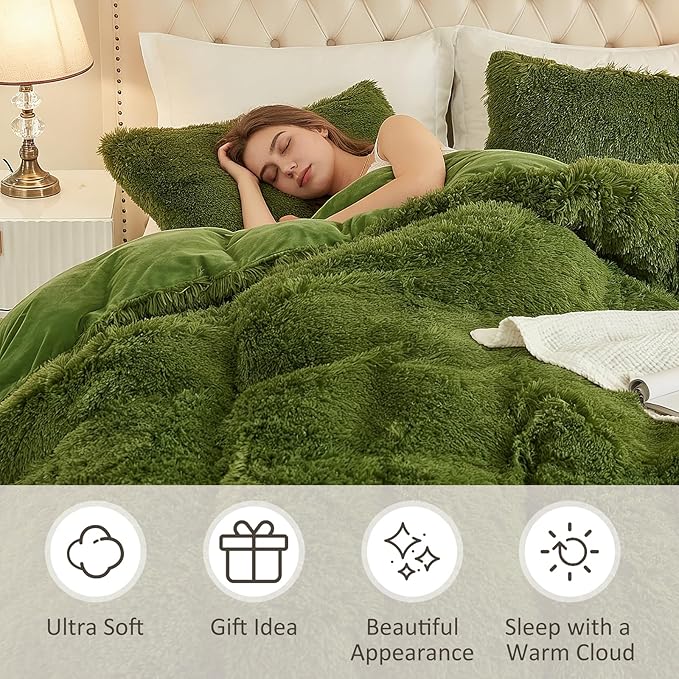 EMME Luxury Green Fuzzy Duvet Cover Set King Size 3 Pieces Fluffy Comforter Cover Set for King Bed Shaggy and Plush Soft Bedding Duvet Covers (Green, King)