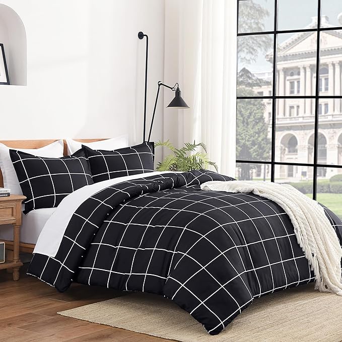 Andency Black Grid Comforter Set Twin(66x90Inch), 2 Pieces (1 Plaid Comforter and 1 Pillowcase) Black Plaid Comforter Set, Lightweight Microfiber Gingham Geometric Comforter Bedding Set
