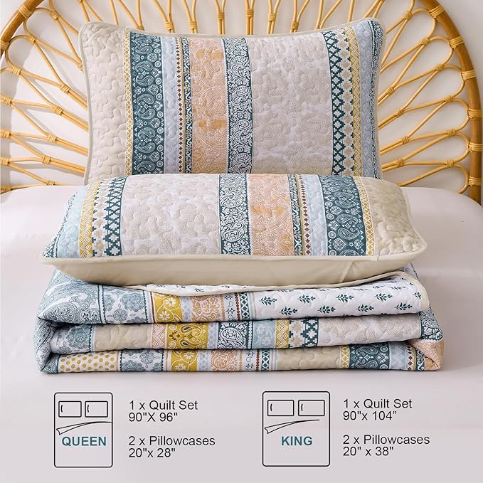 WONGS BEDDING Boho Quilt Set Twin Size, Yellow Bohemian 2 Pieces Fall Quilt Sets, Blue Lightweight Bedspread Coverlet Bedding Set for All Season (68"x86")