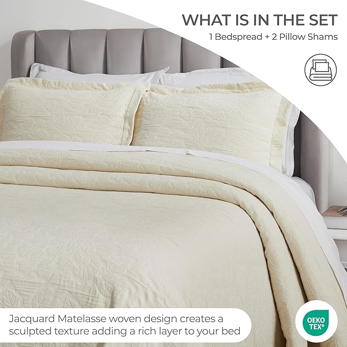 Superior 3 Piece Cotton Bedspread Set, Home Bed Decor, Decorative Bed Spread, 2 Pillow Shams, Medium Weight Blanket, Matelasse Coverlet, Bedding Essentials, Hibiscus Collection, Full, Ivory
