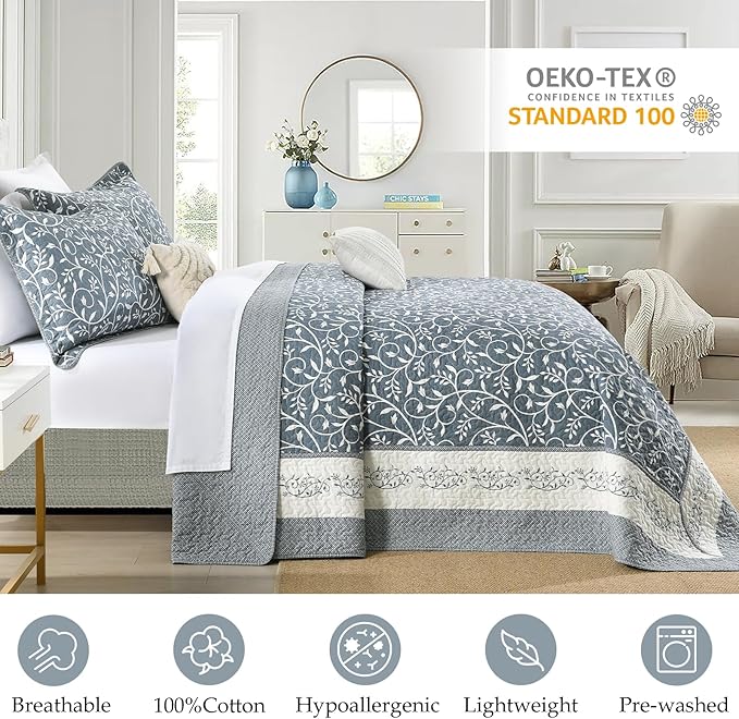 Oversized King Bedspread 120"x120", 100% Cotton Extra Large King Quilt with 2 Pillow Shams, Lightweight Farmhouse Quilted Bedspreads Coverlet Set, Grayish-Blue/Off-White, 3 Pcs