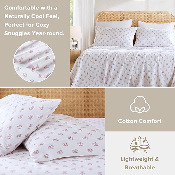 Comfort Spaces 100% Cotton Sheets Cal King, Breathable, Naturally Cool Cotton Sheets, Soft Cotton Bed Sheets with 14" Elastic Pocket Fits up to 16" Mattress, All Seasons Sheet Set, Floral Pink 4 Piece