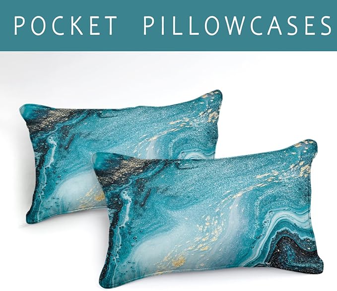 Bedbay Blue and Gold Marble Comforter Set Queen Size Teal Blue Bedding Boys Girls Queen Duvet Set 3 Pcs Modern Marble Texture Quilt Set Bedroom Guest Room Decor Soft Lightweight Comforter (Blue,Queen)