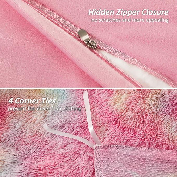 EMME Luxury Fuzzy Duvet Cover Set King Size Fluffy Comforter Cover Set for King Bed 2 Pieces Shaggy and Plush Soft Bedding Duvet Covers (Rainbow Colorful Pink, King)