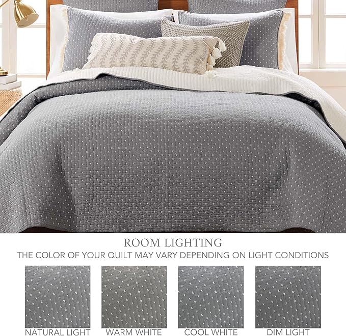 Levtex Home Cross Stitch Reversible King/Cal King Quilt Set (106x92in) and 2 Pillow Shams (36x20in) - Stitch Texture - Grey White - Cotton King Size Quilt Bedding Set - Lightweight Soft Pre-Washed