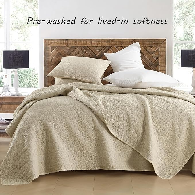HORIMOTE HOME Quilt Set Queen Size Brich Beige, Classic Geometric Spots Stitched Pattern, Pre-Washed Microfiber Chic Rustic Look, Ultra Soft Lightweight Quilted Bedspread for All Season, 3 Pieces
