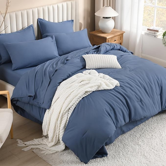 Litanika King Size Comforter Set Ocean Blue - 7 Pieces Bed in a Bag King Bedding Comforter Sets, Solid Lightweight Bed Set with Comforter, Sheets, Pillowcases & Shams