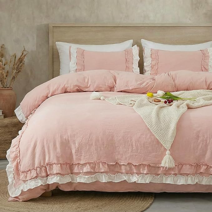 Bedorm Ruffle Duvet Cover King Coquette Bedding Ultra Soft Breathable Shabby Chic Bedding Pink Ruffled Duvet Cover Set Cute Comforter Cover