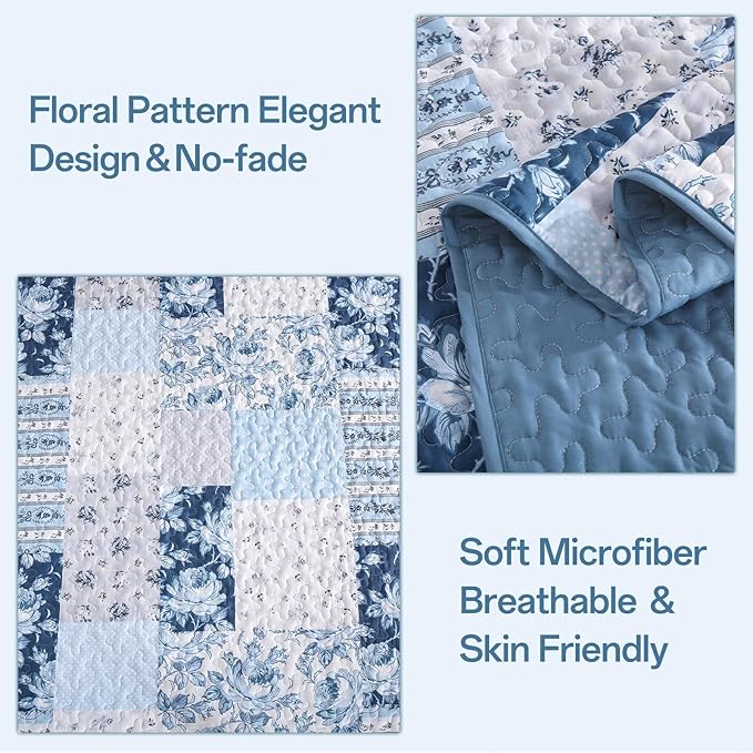 Anibedding Blue Patchwork Quilt Set King Size Boho Floral Plaid Bedspread Coverlet Set, Farmhouse Soft Microfiber Bedding Set, Blue Summer Bed Cover with 2 Pillowcases for All Season