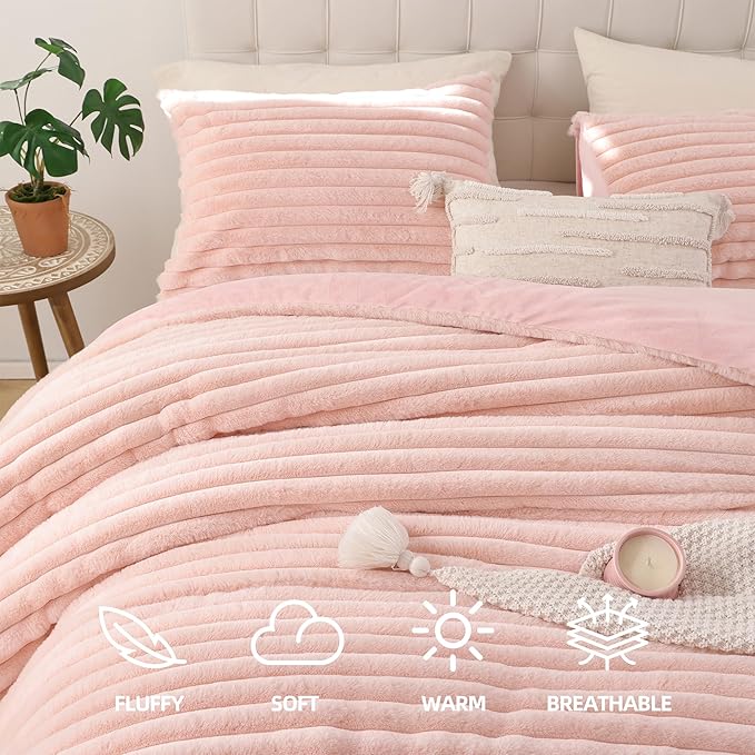 Smoofy Fluffy Queen Size Comforter Set 3 Pieces - Blush Pink Fleece Fluffy Comforter Set, Luxury Fuzzy Queen Bedding, Soft Warm Queen Bed Set All Season, Heavy Faux Fur Comforter with 2 Pillow Cases