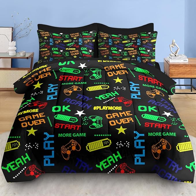 Comforter Set Queen Size, Retro Computer Gamepad 7 Pcs Bedding for Kids and Adults, Cartoon Video Game Bed Sheet Sets with Fitted Sheet 2 Pillowcases & 2 Shams for Bedroom Bed Decor
