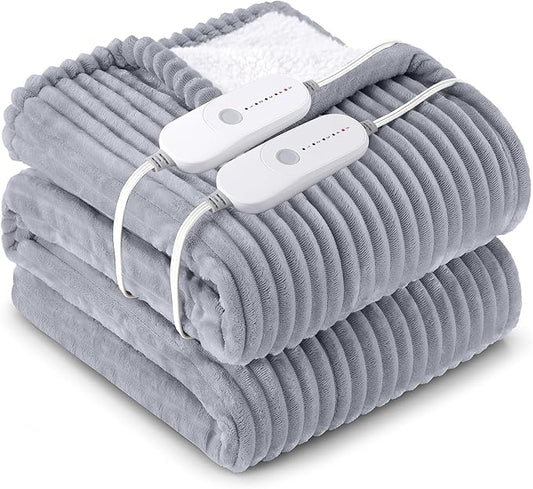 HYLEORY Heated Blanket Electric Queen, Soft Flannel Sherpa Heater 5 Heat Settings and 10 Hours Auto Shut-Off Heating Blanket ETL Certification Over-Heat Protection Machine Washable,Grey