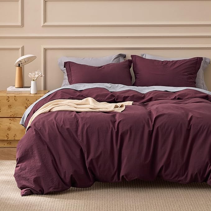 Bedsure 100% Washed Cotton Duvet Cover Queen Size - Burgundy Minimalist Cotton Duvet Cover Linen Like for All Seasons - GentleSoft™ Plain Simple Bedding (Burgundy, Queen, 90"x90")