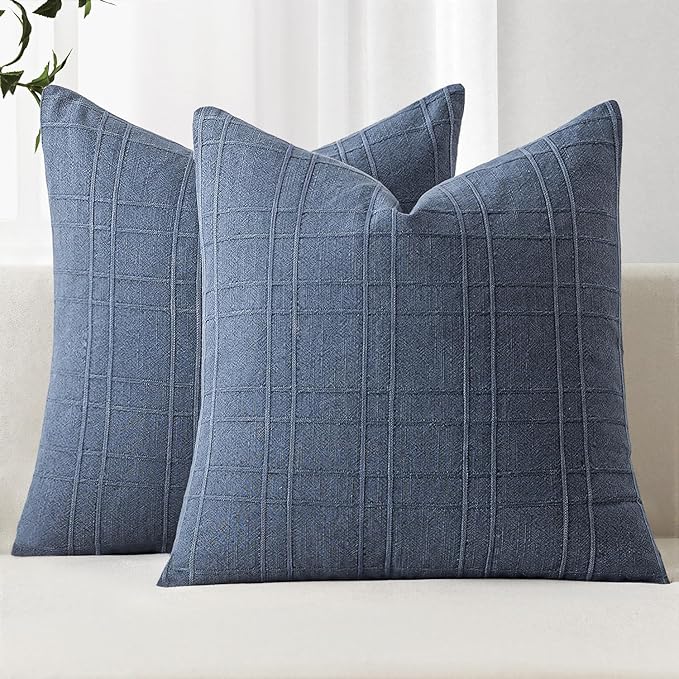 MIULEE Decorative Linen Check Euro Shams Throw Pillow Covers Neutral Farmhouse Vintage Pillow Covers 24x24 Set of 2 Boho Modern Home Decor for Sofa Couch Bedroom Cushion Blue