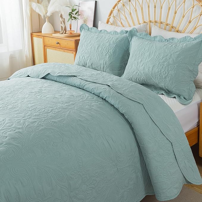 HoneiLife King Quilt Bedding Set - 3 Piece Microfiber Quilt Sets Lightweight Bedspreads Reversible Coverlets Retro Bed Cover Quilt King Size All Season Quilts-Sage Green