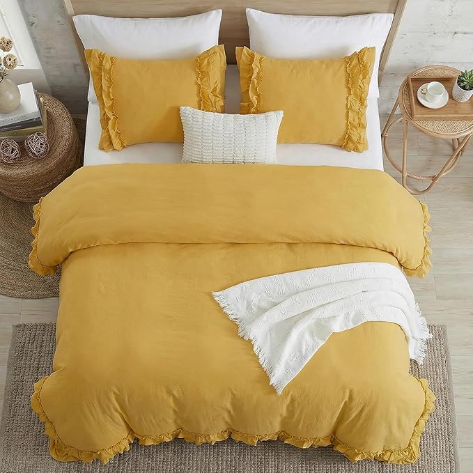Bedorm Ginger Yellow Bedding Set Queen Ruffle Duvet Cover Super Soft Cozy Washed Microfiber Bedding Shabby Chic Coquette Decor Farmhouse Boho Duvet Cover Set
