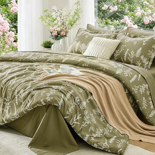 MUXHOMO Olive Green Bed in a Bag Queen 7 Pieces, Queen Comforter Set Reversible Botanical Flowers Design, Ultra Soft & Breathable Bedding Sets with Comforter, Sheets, Pillowcases & Shams