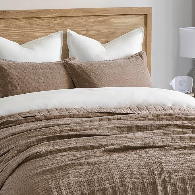 EVERGRACEHOME Stonewashed Cotton Quilt Set King Size, Ultra Soft Oversized Bedspread Coverlet Set, Lightweight Crinkle Box Stitch Bedding Sets for All Season, with 2 Shams, Mocha Brown