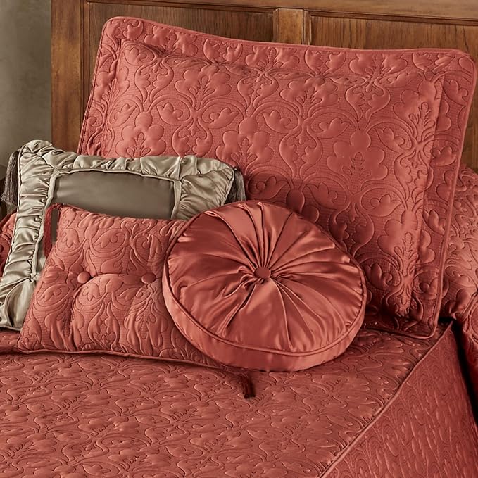 Cambridge Classic Luxury Bedding | Warm Cinnabar Solid Color Polyester Satin | Elaborate Damask Quilting | 5 Pc Bed Set: Twin Bedspread, Standard Sham, & 3 Decorative Pillows | Also Fits Twin XL Beds