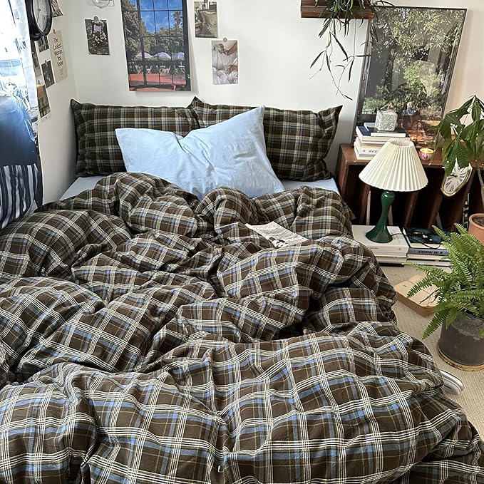mixinni Vintage Brown & Blue Buffalo Plaid Duvet Cover Set King Size - 3 Piece Washed Cotton Bedding Set with Grid Pattern, Soft & Breathable Duvet Cover with Pillowcases for All Seasons