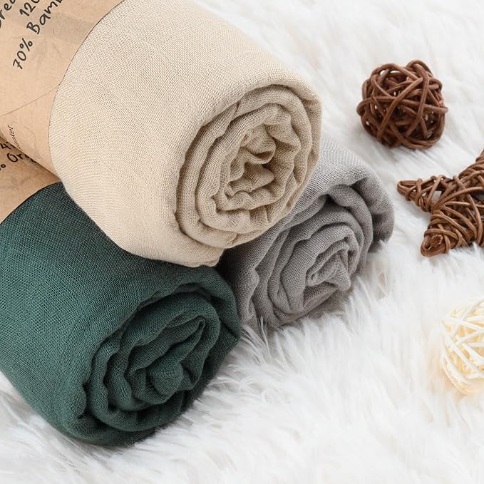 Meracorallo Muslin Swaddle Blanket Silky Soft Receiving Blanket Neutral Swaddle Wrap for Baby Boys and Girls, 47 x 47 inches, Set of 3 Solid Color (Green+Beige+Gray)
