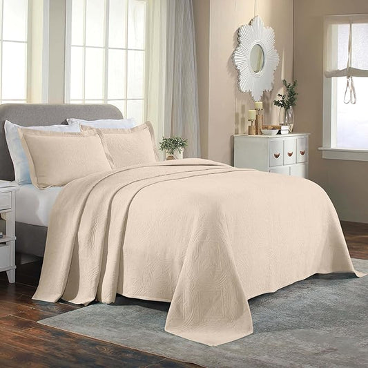 Superior 2 Piece Celtic Circles Cotton Bedspread Set, Decorative Bed Spread, Home Bed Decor, 1 Pillow Sham, Medium Weight Blanket, Matelasse Coverlet Bedding, Wedding Ring Design, Twin, Ivory