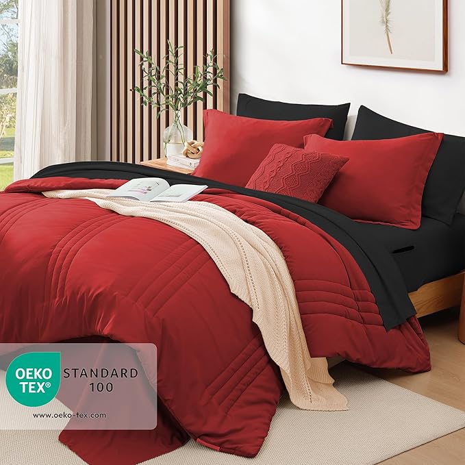 Monbix Full Comforter Set - 7 Pieces Bright Red Bed in a Bag Full Size Bedding Sets with Comforters, All Seasons Comforter with Sheets, Pillowcases & Shams