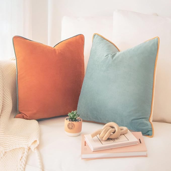 MONDAY MOOSE Decorative Throw Pillow Covers Cushion Cases, Set of 2 Soft Velvet Modern Double-Sided Designs, Mix and Match for Home Decor, Pillow Inserts Not Included (22x22 inch, Orange/Teal)
