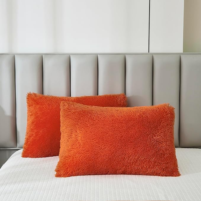 Uhamho Faux Fur Velvet Fluffy Bedding Duvet Cover Set Down Comforter Quilt Cover with Pillow Shams, Ultra Soft Warm and Luxury (King, Orange)