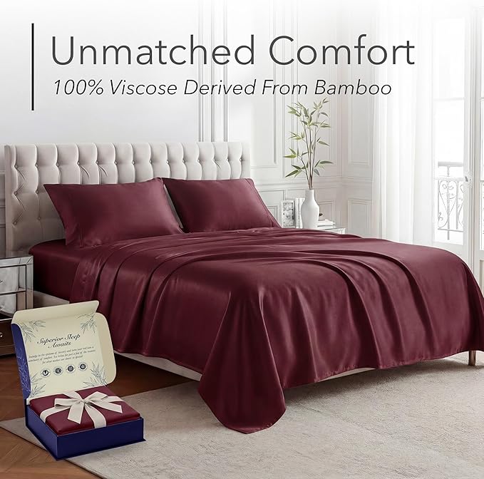 DECOLURE 100% Viscose Derived from Bamboo Sheets Queen Size - Luxury 4 Pc Naturally Cooling Sheets, Ultra Soft Bed Set - Deep 17" Pockets, Durable Double Stitching, Oeko Tex Standard (Burgundy)
