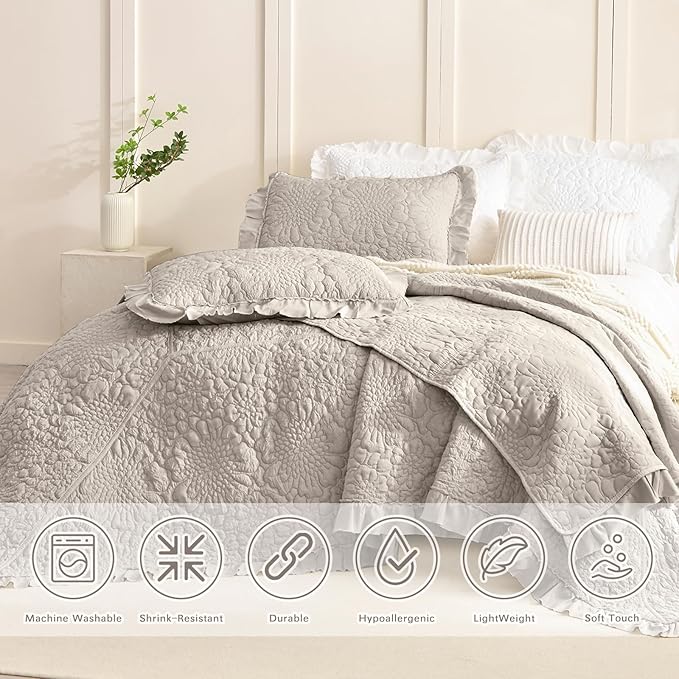 Lady Ann Oversized Bedspread Set 120x120, Extra Large Linen Feel Stone-Washed Ruffled Quilt Set Crinkled Blanket, Lightweight Shabby Quilted Bedspreads &Coverlets 3 PCS Farmhouse Rustic Bedding Sets